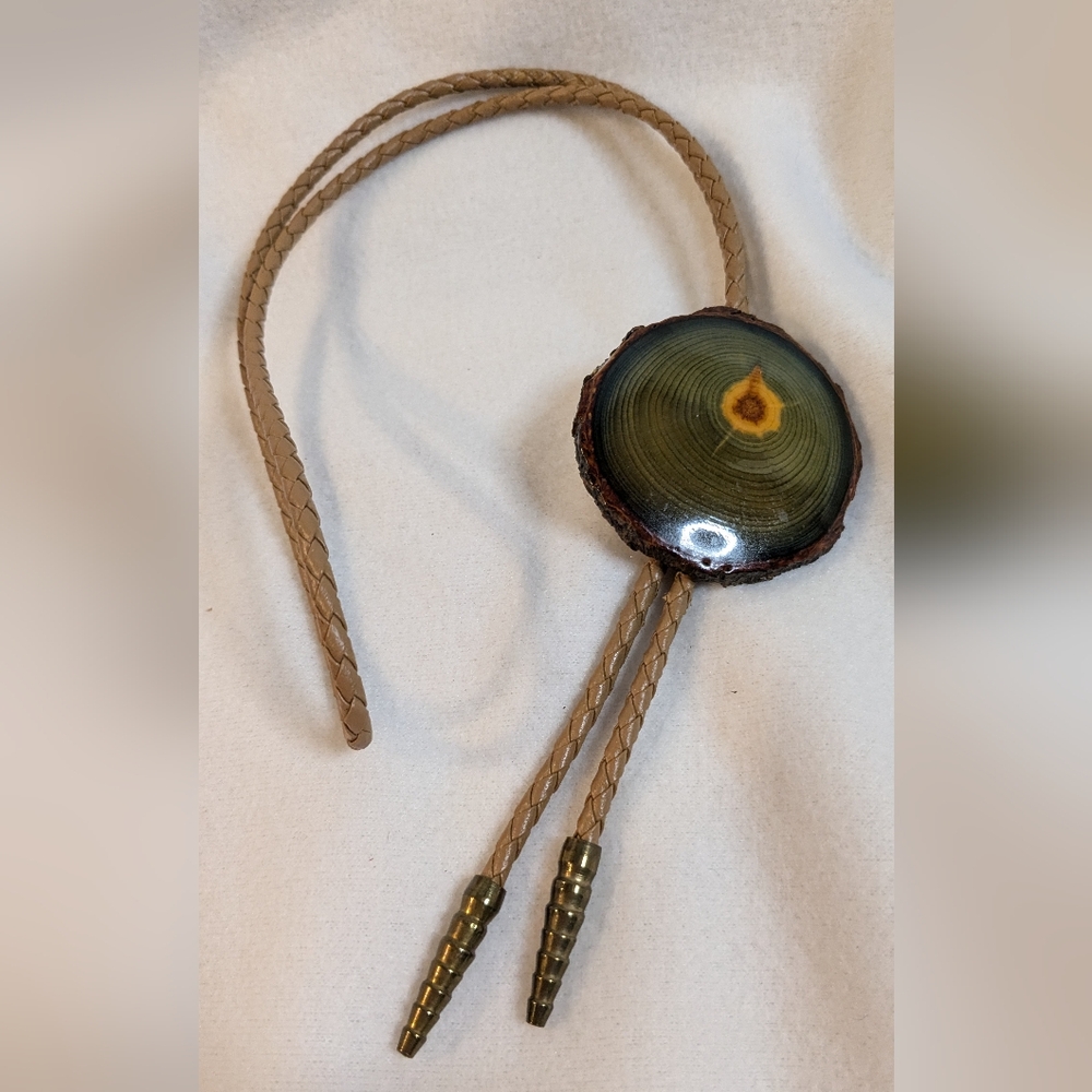 Western Green Wooden Bolo Tie Brown Woven Cord Wedding Necktie Copper Tips